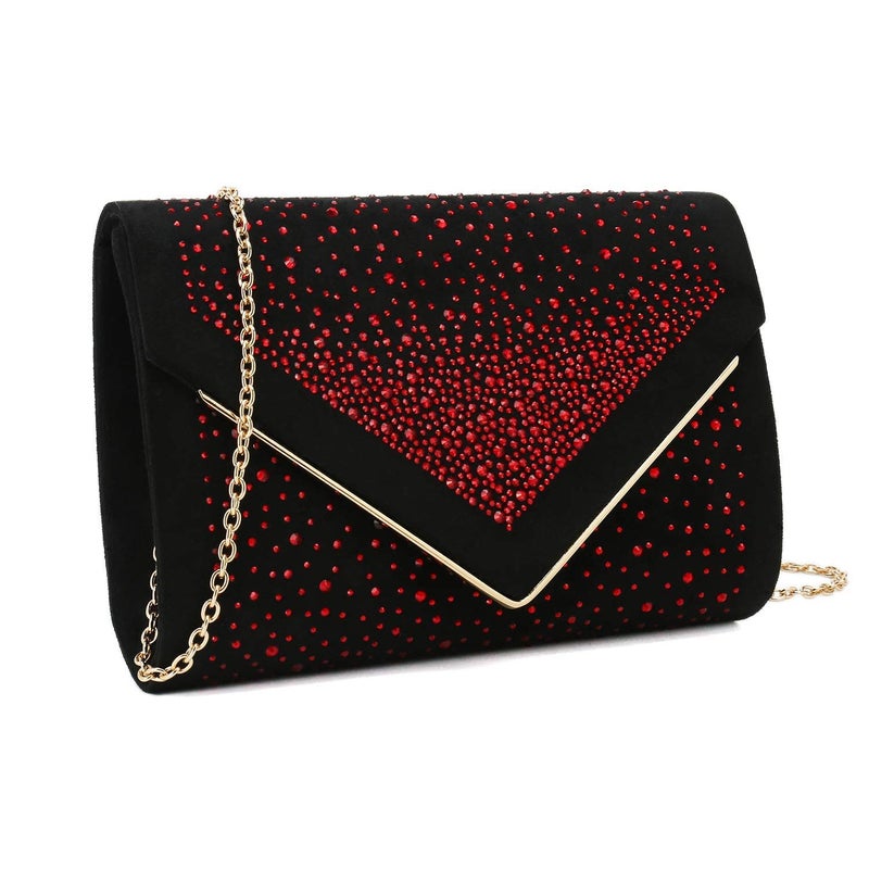 CHARMING TAILOR Envelope Purse Formal Faux Suede Clutch Rhinestone Evening Bag for Women Party Handbag (Black/red) - Image 2